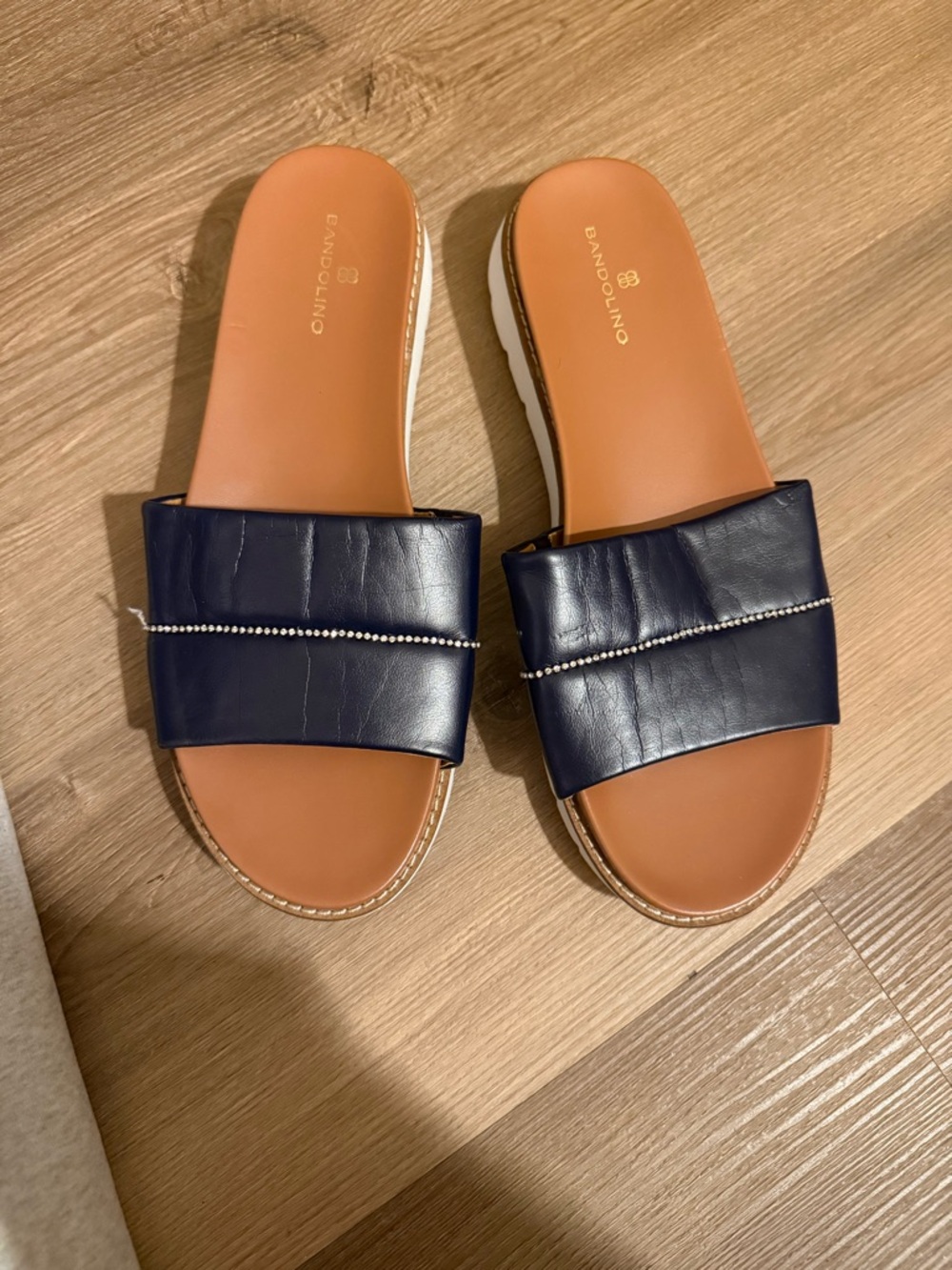 Bandolino Navy Slide Sandals with Tan Footbed and Rhinestone Trim